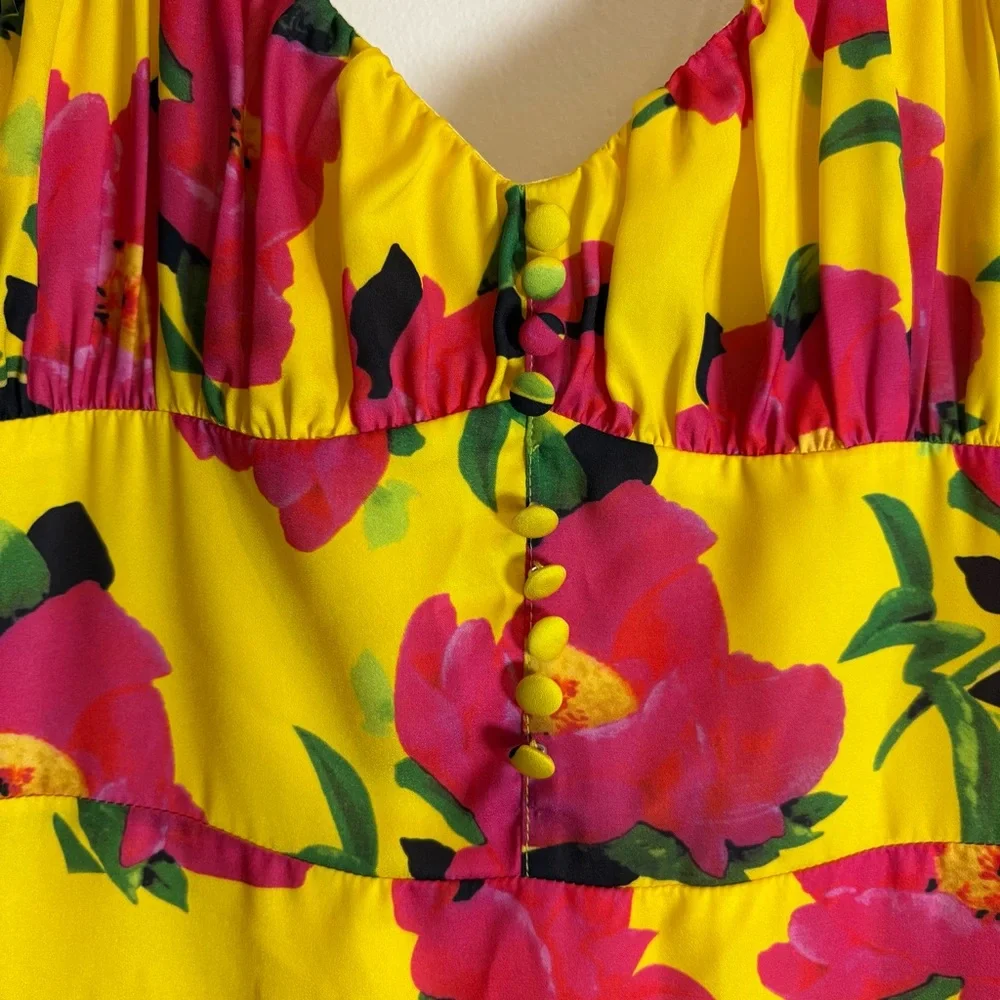 KOURT Dionne Bright Yellow Floral Print Satin Tie-Strap Mini Dress Size Small - Picture 10 of 10